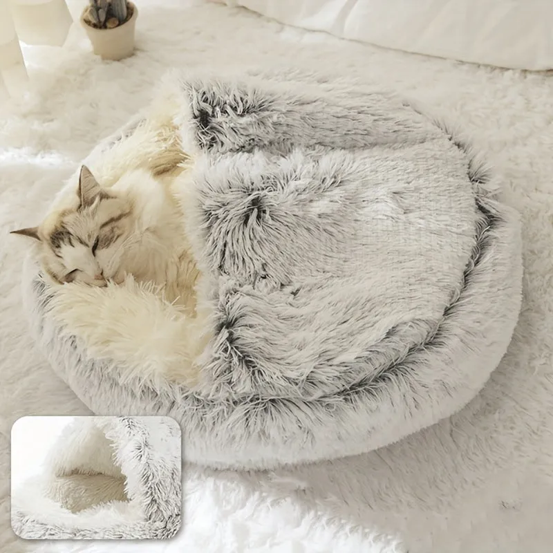 Cozy Round Hooded Pet Bed Warm Soft and Fluffy