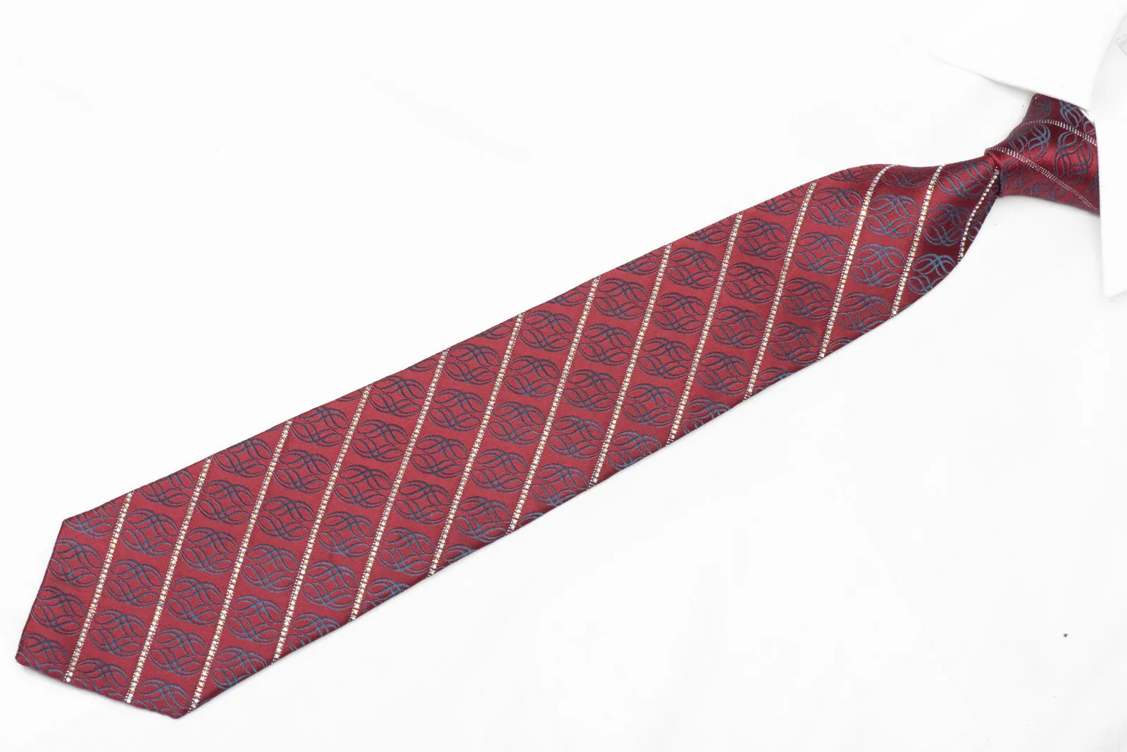 Mens Silk Tie Striped Crystal Rhinestones On Burgundy With Silver Sparkles