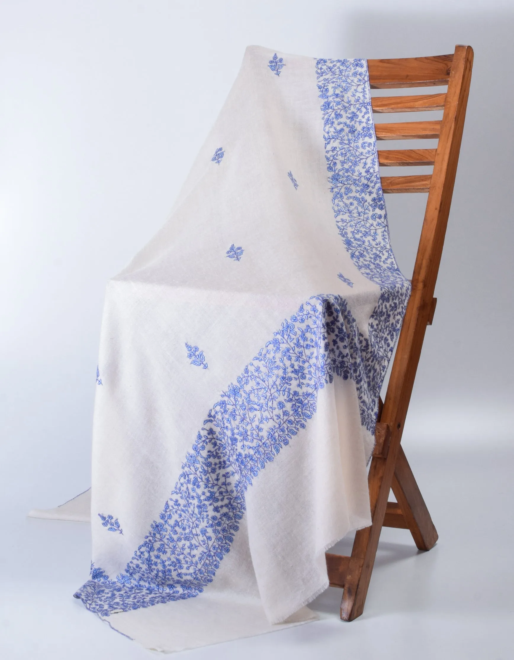Natural Cream Handwoven Blue Border Embroidered Cashmere Pashmina Shawl