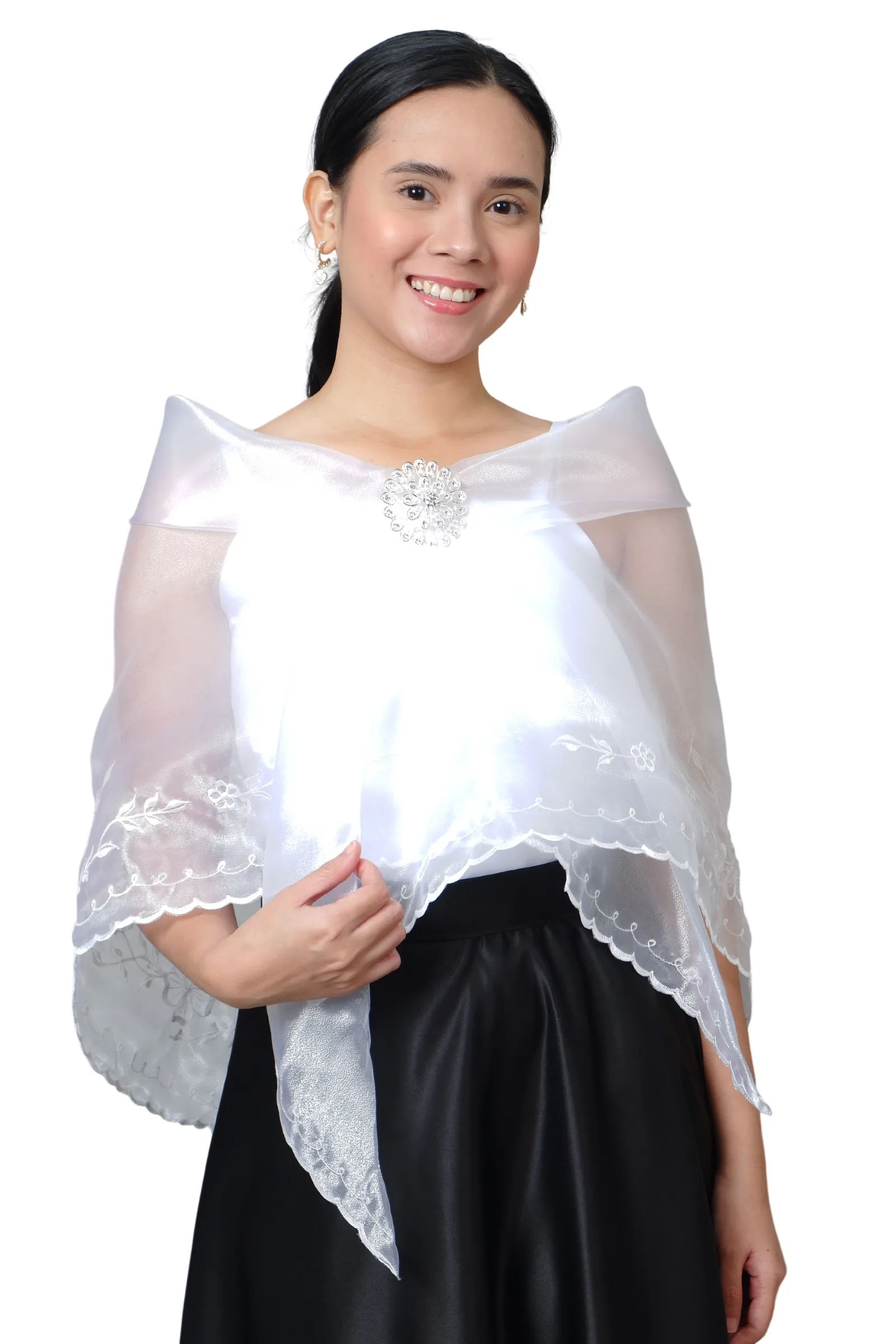 Organza Premium White Alampay with Brooch - Hannah JK20W
