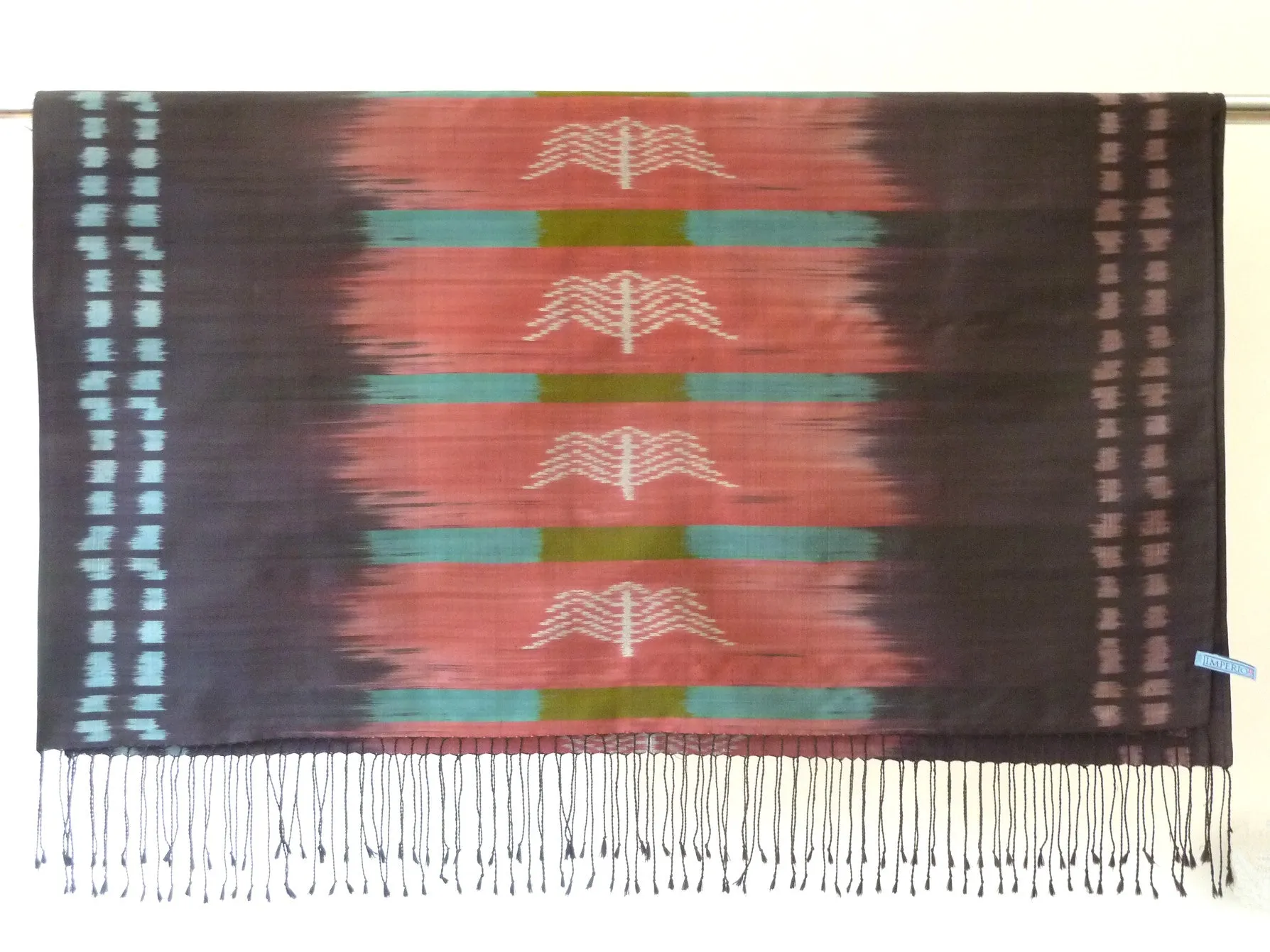 Silk Ikat Shawl Or Throw Black Red Teal