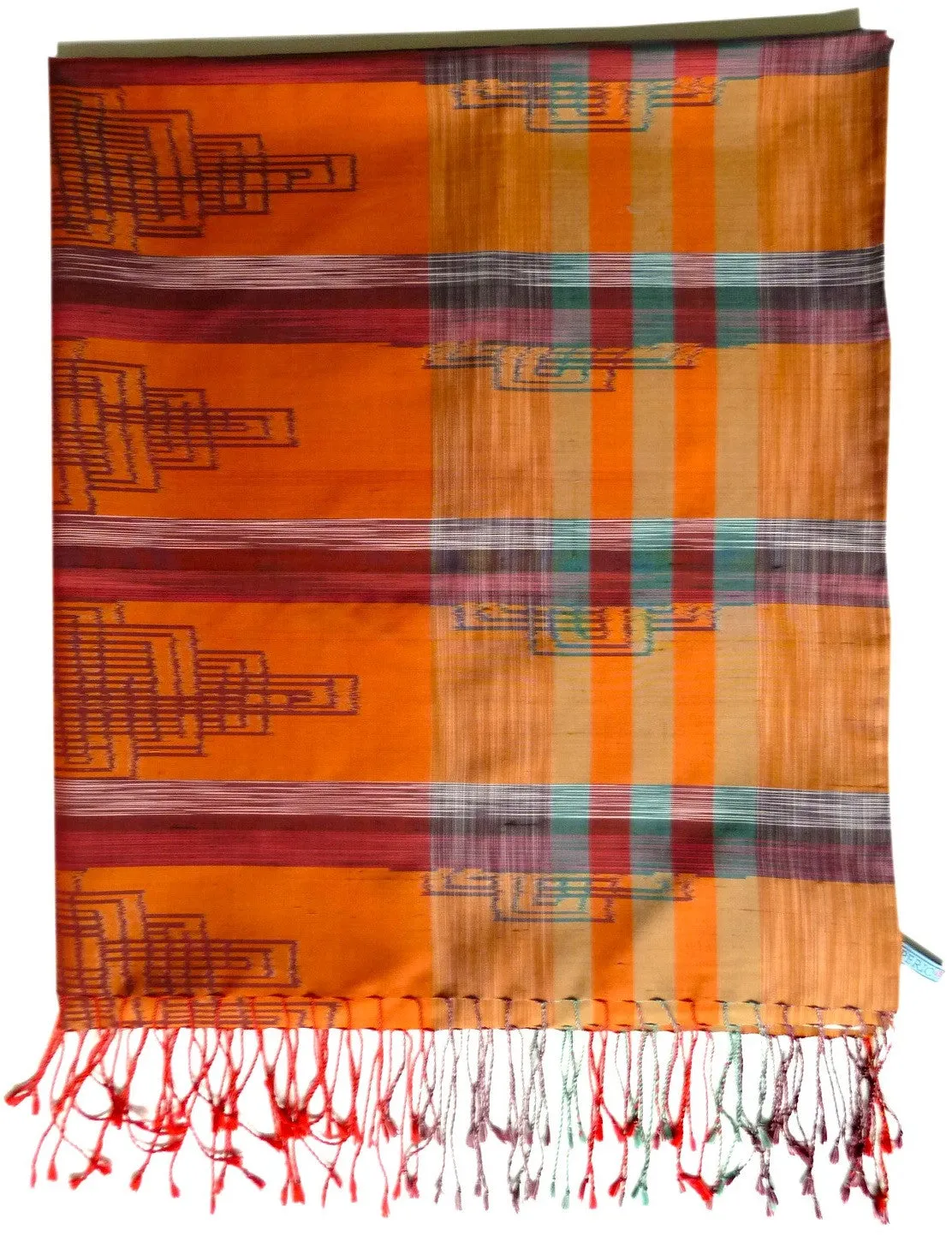 Silk Ikat Shawl Or Throw Burnt Orange Geometric