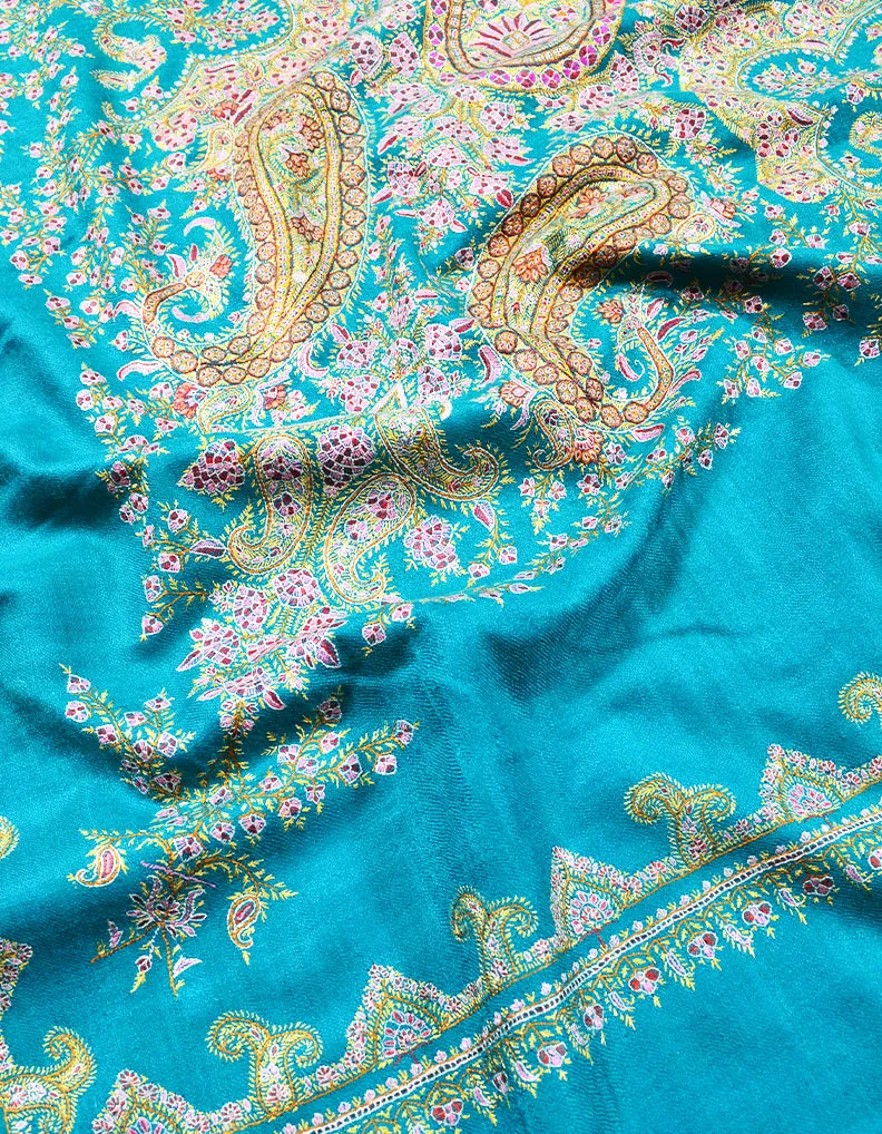 turquoise embroidery GI pashmina shawl 7879