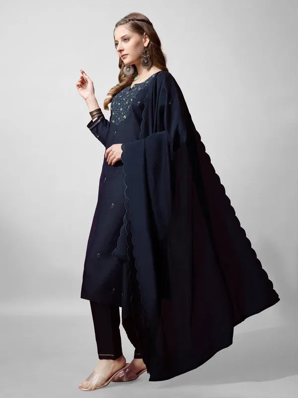 Womens Navy Embroidered Cotton Blend Kurta Pant Set With Dupatta