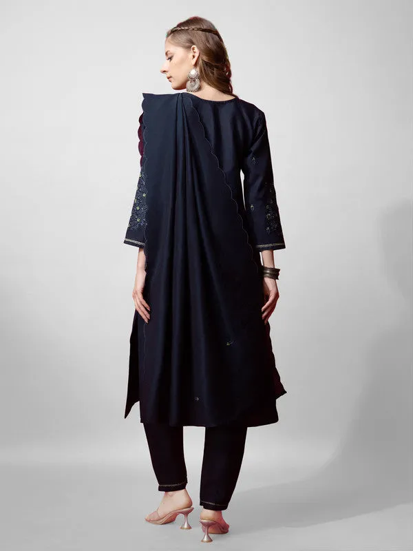 Womens Navy Embroidered Cotton Blend Kurta Pant Set With Dupatta