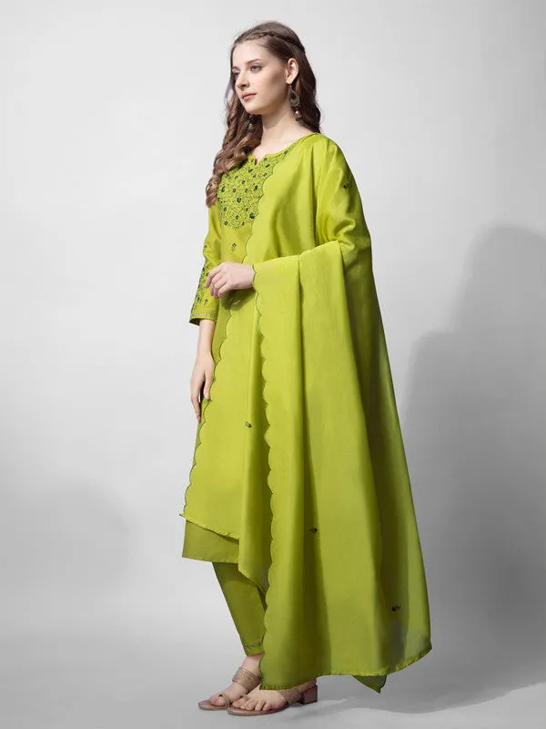 Womens Parrot Embroidered Cotton Blend Kurta Pant Set With Dupatta